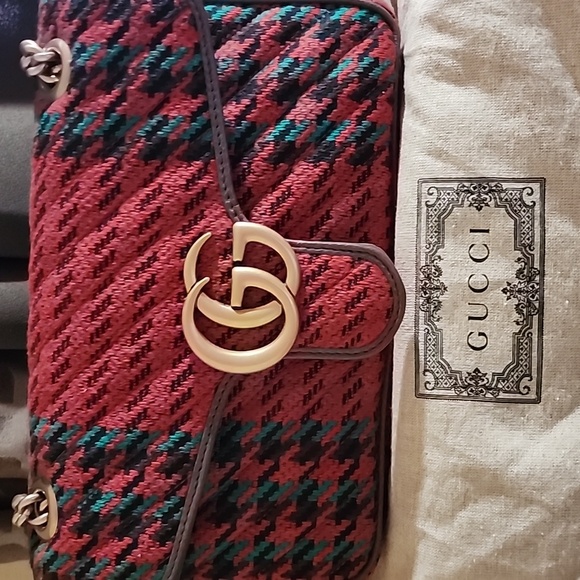 Authentic New Gucci Marmont Red Houndstooth Shoulder Bag/Dust Bag Approx10.5x6.5 - Picture 5 of 5